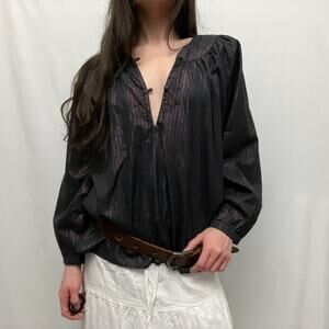 india collection emerson fry black metallic stripe boho v neck button top blouse